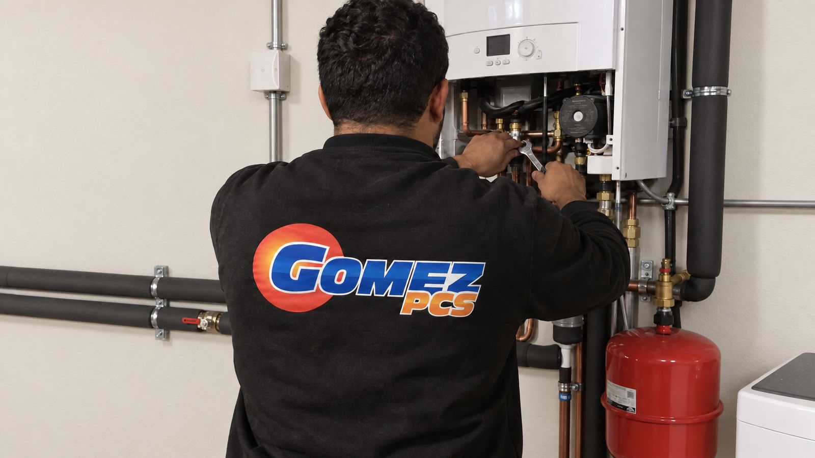 Technicien PCS Gomez intervenant sur une chaudière murale